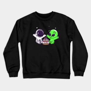 Cute Astronaut And Alien With Birthday Cake Cartoon Crewneck Sweatshirt